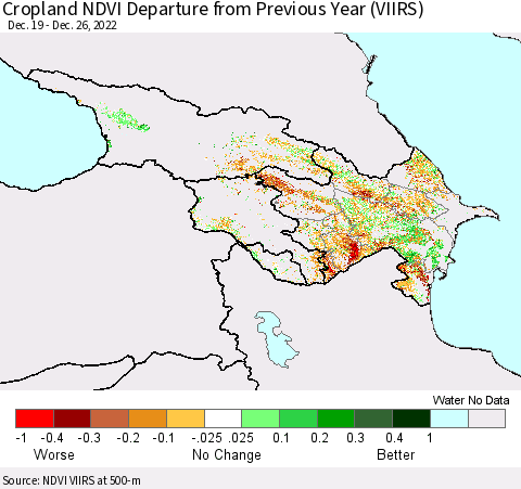 Azerbaijan, Armenia and Georgia Cropland NDVI Departure from Previous Year (VIIRS) Thematic Map For 12/19/2022 - 12/26/2022