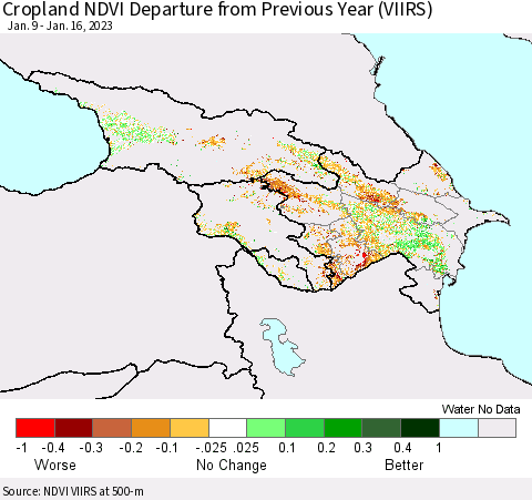 Azerbaijan, Armenia and Georgia Cropland NDVI Departure from Previous Year (VIIRS) Thematic Map For 1/9/2023 - 1/16/2023
