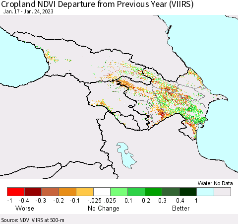 Azerbaijan, Armenia and Georgia Cropland NDVI Departure from Previous Year (VIIRS) Thematic Map For 1/17/2023 - 1/24/2023
