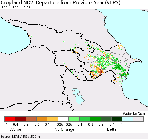 Azerbaijan, Armenia and Georgia Cropland NDVI Departure from Previous Year (VIIRS) Thematic Map For 2/2/2023 - 2/9/2023