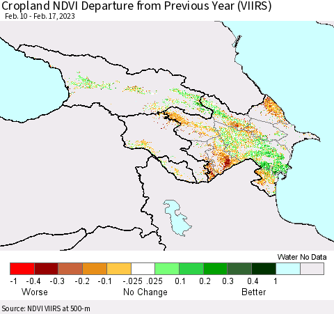 Azerbaijan, Armenia and Georgia Cropland NDVI Departure from Previous Year (VIIRS) Thematic Map For 2/10/2023 - 2/17/2023