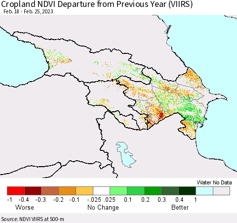 Azerbaijan, Armenia and Georgia Cropland NDVI Departure from Previous Year (VIIRS) Thematic Map For 2/18/2023 - 2/25/2023
