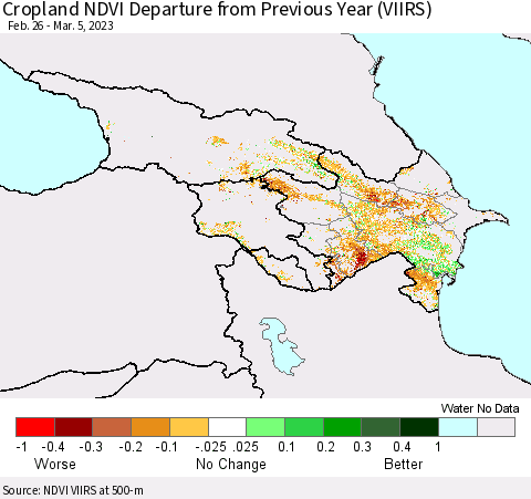 Azerbaijan, Armenia and Georgia Cropland NDVI Departure from Previous Year (VIIRS) Thematic Map For 2/26/2023 - 3/5/2023