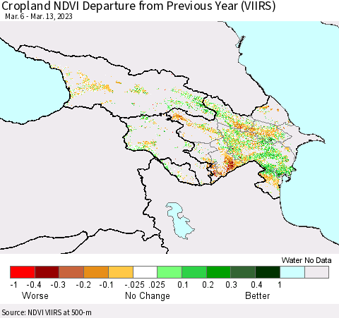 Azerbaijan, Armenia and Georgia Cropland NDVI Departure from Previous Year (VIIRS) Thematic Map For 3/6/2023 - 3/13/2023