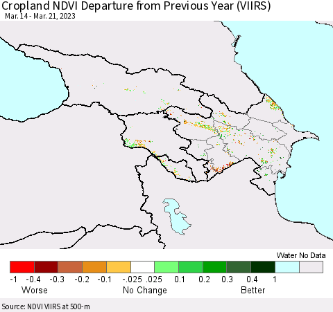 Azerbaijan, Armenia and Georgia Cropland NDVI Departure from Previous Year (VIIRS) Thematic Map For 3/14/2023 - 3/21/2023