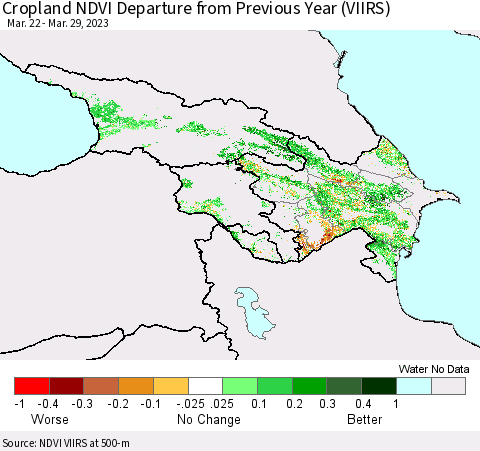 Azerbaijan, Armenia and Georgia Cropland NDVI Departure from Previous Year (VIIRS) Thematic Map For 3/22/2023 - 3/29/2023