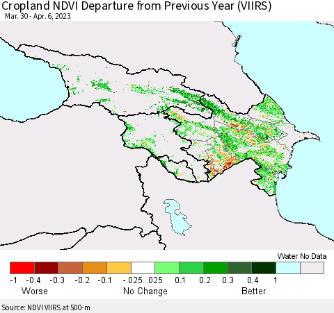 Azerbaijan, Armenia and Georgia Cropland NDVI Departure from Previous Year (VIIRS) Thematic Map For 3/30/2023 - 4/6/2023
