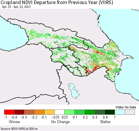 Azerbaijan, Armenia and Georgia Cropland NDVI Departure from Previous Year (VIIRS) Thematic Map For 4/15/2023 - 4/22/2023