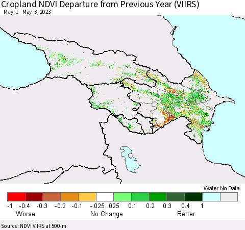 Azerbaijan, Armenia and Georgia Cropland NDVI Departure from Previous Year (VIIRS) Thematic Map For 5/1/2023 - 5/8/2023