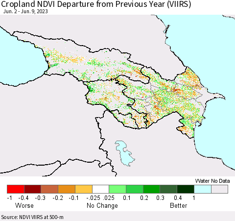 Azerbaijan, Armenia and Georgia Cropland NDVI Departure from Previous Year (VIIRS) Thematic Map For 6/2/2023 - 6/9/2023