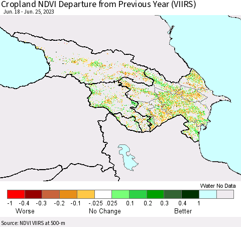 Azerbaijan, Armenia and Georgia Cropland NDVI Departure from Previous Year (VIIRS) Thematic Map For 6/18/2023 - 6/25/2023
