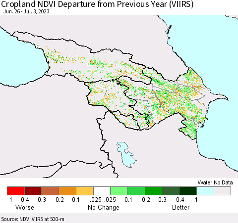 Azerbaijan, Armenia and Georgia Cropland NDVI Departure from Previous Year (VIIRS) Thematic Map For 6/26/2023 - 7/3/2023