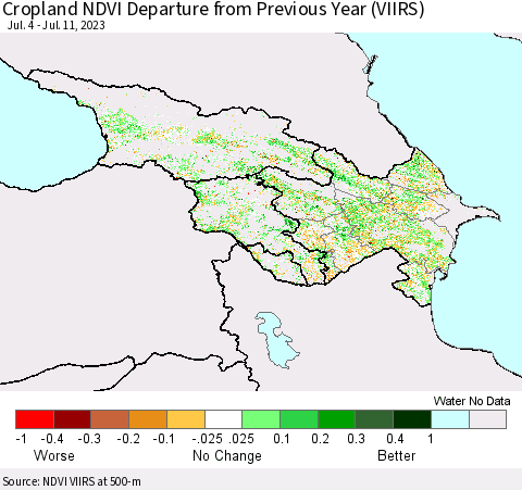 Azerbaijan, Armenia and Georgia Cropland NDVI Departure from Previous Year (VIIRS) Thematic Map For 7/4/2023 - 7/11/2023