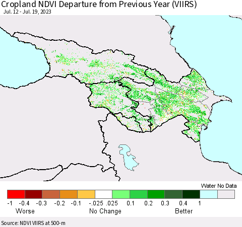 Azerbaijan, Armenia and Georgia Cropland NDVI Departure from Previous Year (VIIRS) Thematic Map For 7/12/2023 - 7/19/2023