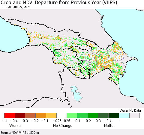 Azerbaijan, Armenia and Georgia Cropland NDVI Departure from Previous Year (VIIRS) Thematic Map For 7/20/2023 - 7/27/2023