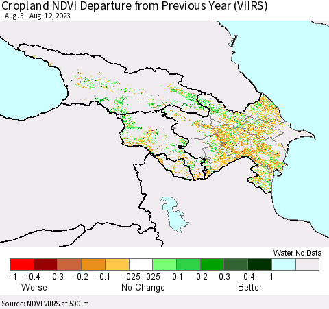 Azerbaijan, Armenia and Georgia Cropland NDVI Departure from Previous Year (VIIRS) Thematic Map For 8/5/2023 - 8/12/2023