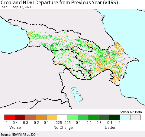 Azerbaijan, Armenia and Georgia Cropland NDVI Departure from Previous Year (VIIRS) Thematic Map For 9/6/2023 - 9/13/2023