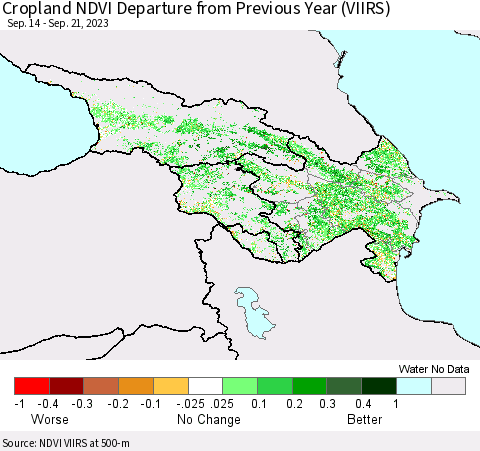 Azerbaijan, Armenia and Georgia Cropland NDVI Departure from Previous Year (VIIRS) Thematic Map For 9/14/2023 - 9/21/2023