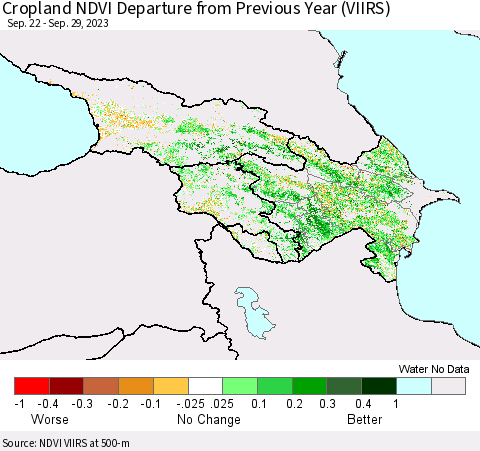 Azerbaijan, Armenia and Georgia Cropland NDVI Departure from Previous Year (VIIRS) Thematic Map For 9/22/2023 - 9/29/2023