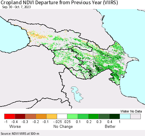 Azerbaijan, Armenia and Georgia Cropland NDVI Departure from Previous Year (VIIRS) Thematic Map For 9/30/2023 - 10/7/2023