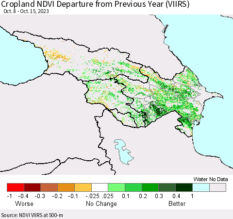 Azerbaijan, Armenia and Georgia Cropland NDVI Departure from Previous Year (VIIRS) Thematic Map For 10/8/2023 - 10/15/2023