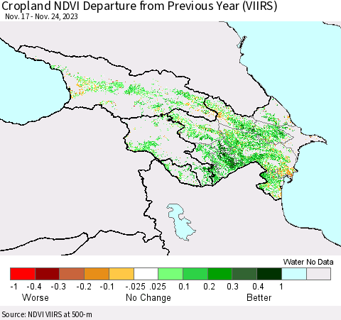 Azerbaijan, Armenia and Georgia Cropland NDVI Departure from Previous Year (VIIRS) Thematic Map For 11/17/2023 - 11/24/2023