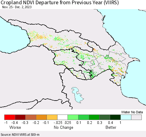 Azerbaijan, Armenia and Georgia Cropland NDVI Departure from Previous Year (VIIRS) Thematic Map For 11/25/2023 - 12/2/2023