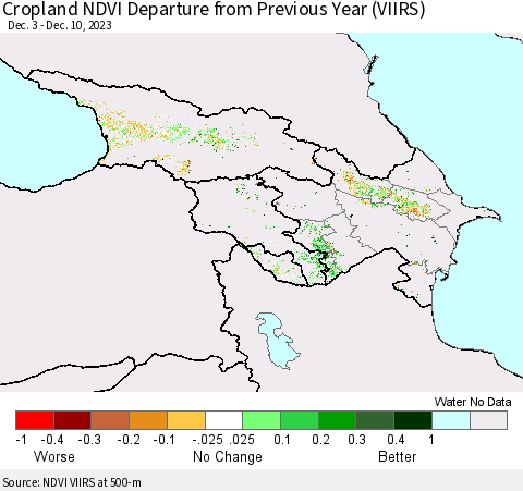 Azerbaijan, Armenia and Georgia Cropland NDVI Departure from Previous Year (VIIRS) Thematic Map For 12/3/2023 - 12/10/2023