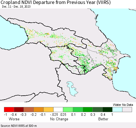 Azerbaijan, Armenia and Georgia Cropland NDVI Departure from Previous Year (VIIRS) Thematic Map For 12/11/2023 - 12/18/2023
