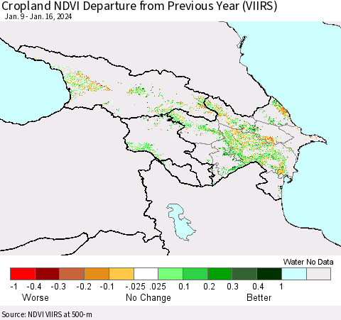 Azerbaijan, Armenia and Georgia Cropland NDVI Departure from Previous Year (VIIRS) Thematic Map For 1/9/2024 - 1/16/2024