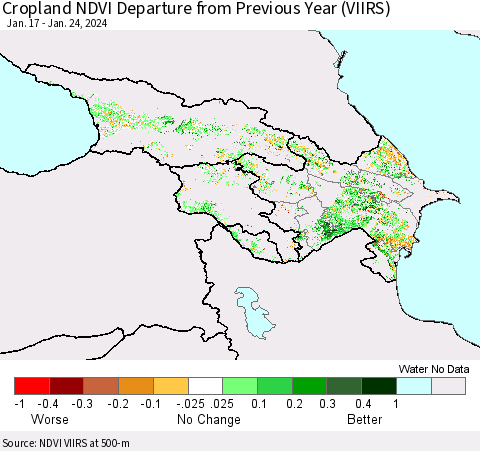 Azerbaijan, Armenia and Georgia Cropland NDVI Departure from Previous Year (VIIRS) Thematic Map For 1/17/2024 - 1/24/2024