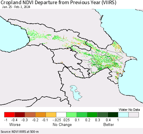 Azerbaijan, Armenia and Georgia Cropland NDVI Departure from Previous Year (VIIRS) Thematic Map For 1/25/2024 - 2/1/2024