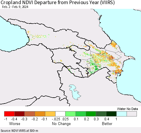 Azerbaijan, Armenia and Georgia Cropland NDVI Departure from Previous Year (VIIRS) Thematic Map For 2/2/2024 - 2/9/2024