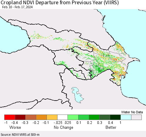 Azerbaijan, Armenia and Georgia Cropland NDVI Departure from Previous Year (VIIRS) Thematic Map For 2/10/2024 - 2/17/2024