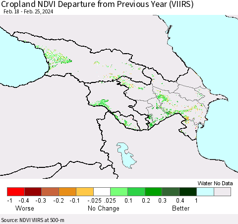 Azerbaijan, Armenia and Georgia Cropland NDVI Departure from Previous Year (VIIRS) Thematic Map For 2/18/2024 - 2/25/2024