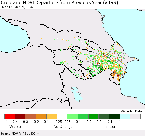 Azerbaijan, Armenia and Georgia Cropland NDVI Departure from Previous Year (VIIRS) Thematic Map For 3/13/2024 - 3/20/2024