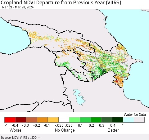 Azerbaijan, Armenia and Georgia Cropland NDVI Departure from Previous Year (VIIRS) Thematic Map For 3/21/2024 - 3/28/2024