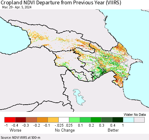 Azerbaijan, Armenia and Georgia Cropland NDVI Departure from Previous Year (VIIRS) Thematic Map For 3/29/2024 - 4/5/2024