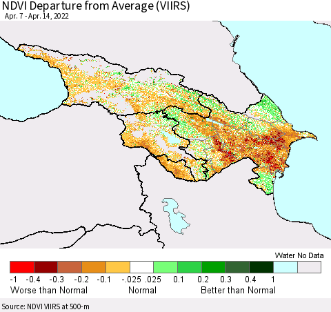 Azerbaijan, Armenia and Georgia NDVI Departure from Average (VIIRS) Thematic Map For 4/7/2022 - 4/14/2022