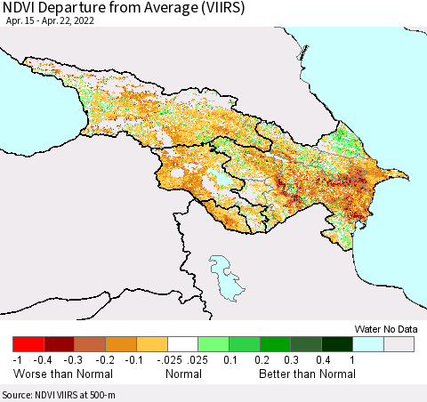 Azerbaijan, Armenia and Georgia NDVI Departure from Average (VIIRS) Thematic Map For 4/15/2022 - 4/22/2022