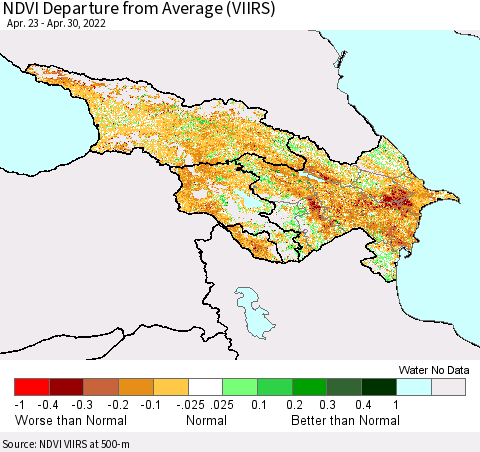 Azerbaijan, Armenia and Georgia NDVI Departure from Average (VIIRS) Thematic Map For 4/23/2022 - 4/30/2022