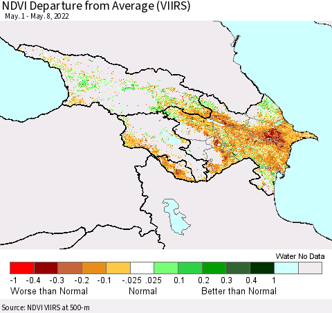 Azerbaijan, Armenia and Georgia NDVI Departure from Average (VIIRS) Thematic Map For 5/1/2022 - 5/8/2022