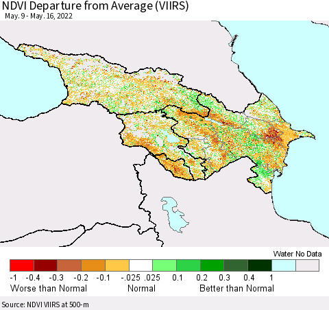 Azerbaijan, Armenia and Georgia NDVI Departure from Average (VIIRS) Thematic Map For 5/9/2022 - 5/16/2022