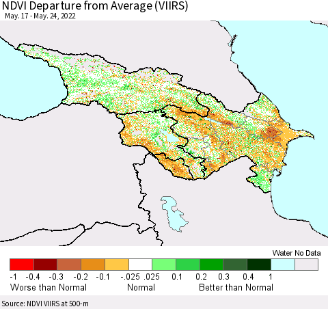 Azerbaijan, Armenia and Georgia NDVI Departure from Average (VIIRS) Thematic Map For 5/17/2022 - 5/24/2022