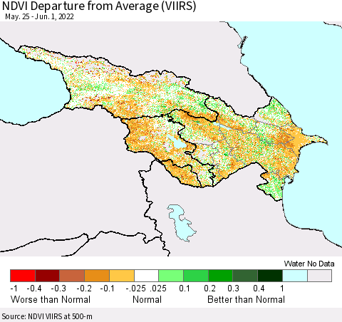 Azerbaijan, Armenia and Georgia NDVI Departure from Average (VIIRS) Thematic Map For 5/25/2022 - 6/1/2022