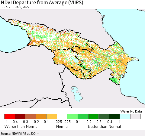Azerbaijan, Armenia and Georgia NDVI Departure from Average (VIIRS) Thematic Map For 6/2/2022 - 6/9/2022