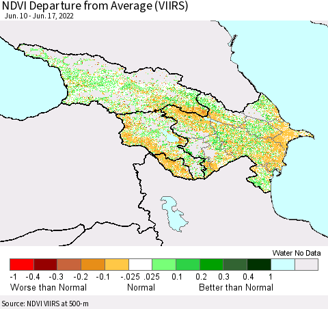 Azerbaijan, Armenia and Georgia NDVI Departure from Average (VIIRS) Thematic Map For 6/10/2022 - 6/17/2022