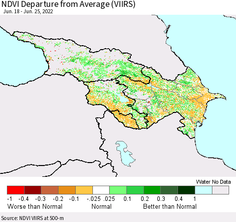 Azerbaijan, Armenia and Georgia NDVI Departure from Average (VIIRS) Thematic Map For 6/18/2022 - 6/25/2022