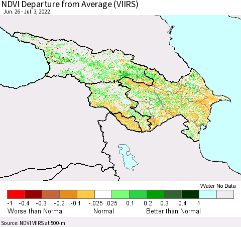 Azerbaijan, Armenia and Georgia NDVI Departure from Average (VIIRS) Thematic Map For 6/26/2022 - 7/3/2022