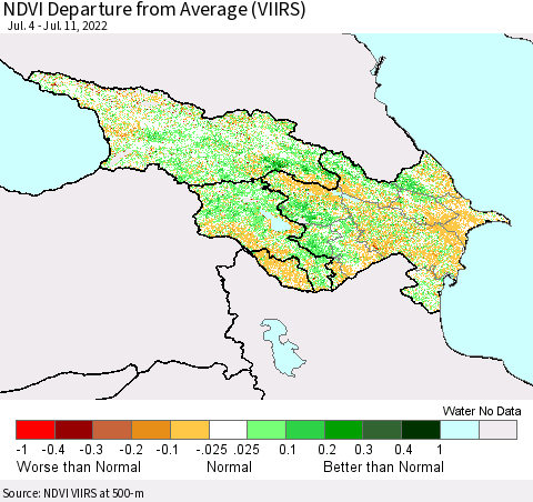 Azerbaijan, Armenia and Georgia NDVI Departure from Average (VIIRS) Thematic Map For 7/4/2022 - 7/11/2022